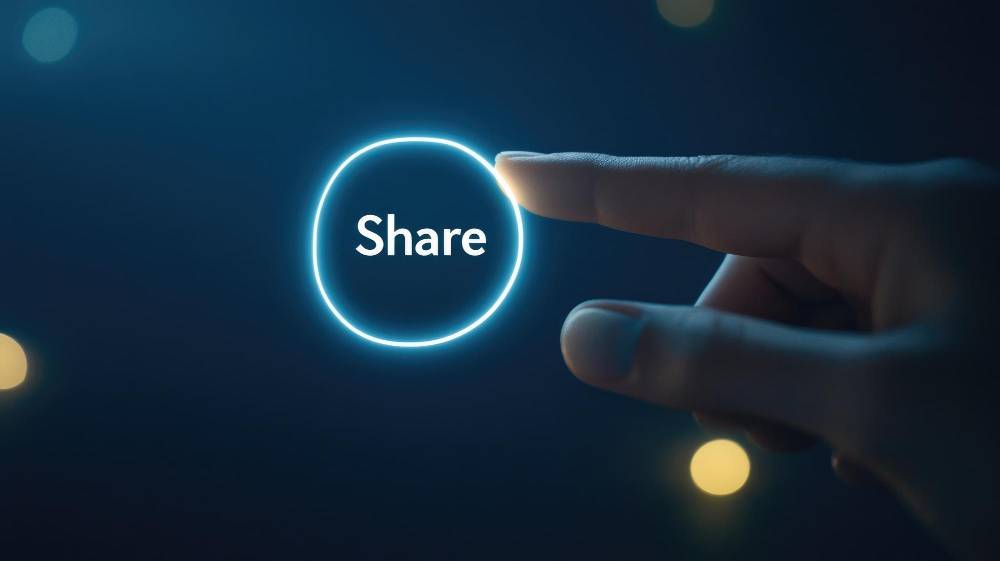 Finger touching glowing share button in dark setting symbolizing digital